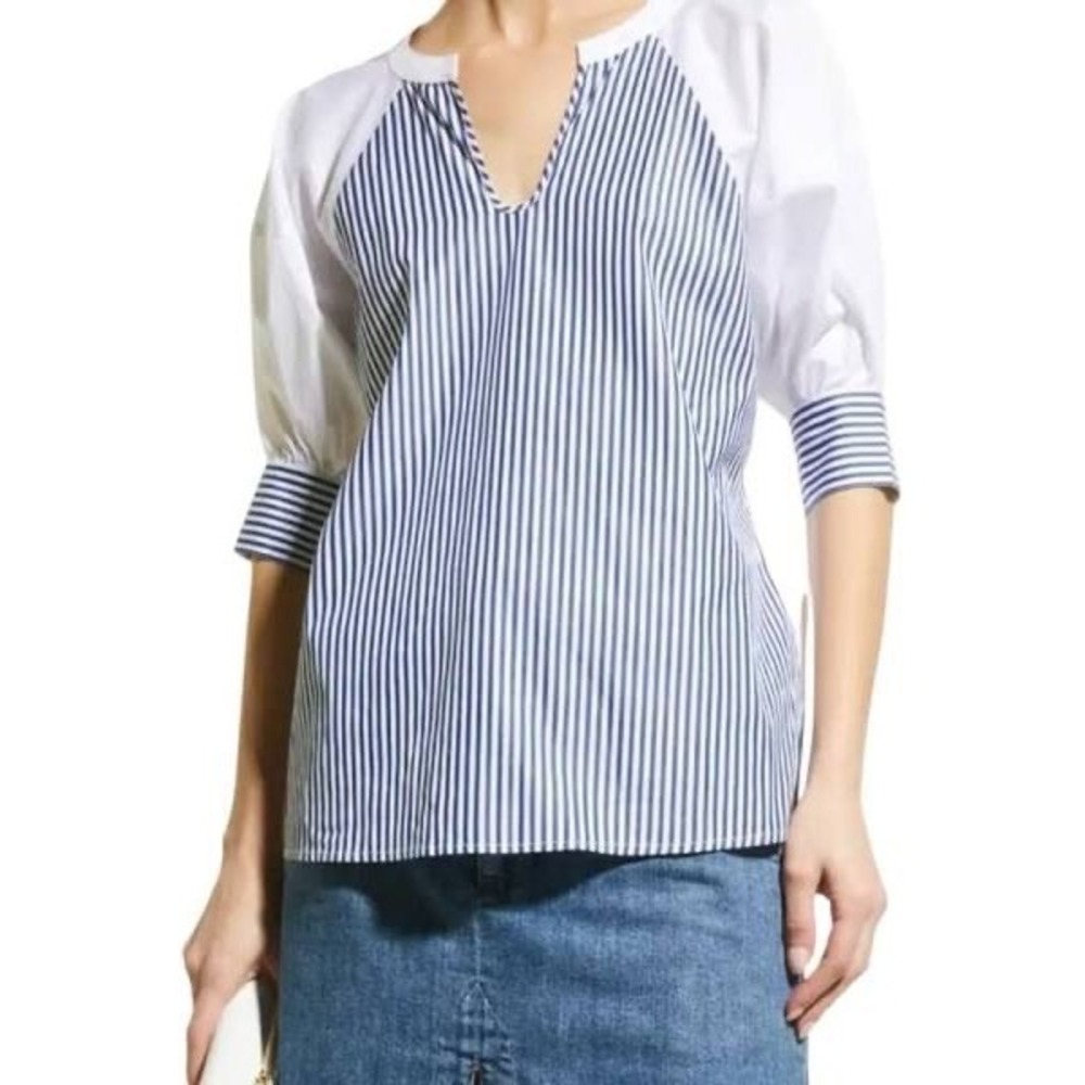 Harshman NWT Agape Popover Blouse 100% Cotton Navy Stripe in Size XS